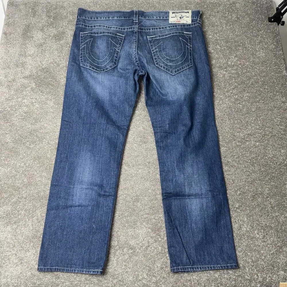 True Religion Mens 40 Skinny Fit Jeans Blue Distressed Denim‎ Designer USA